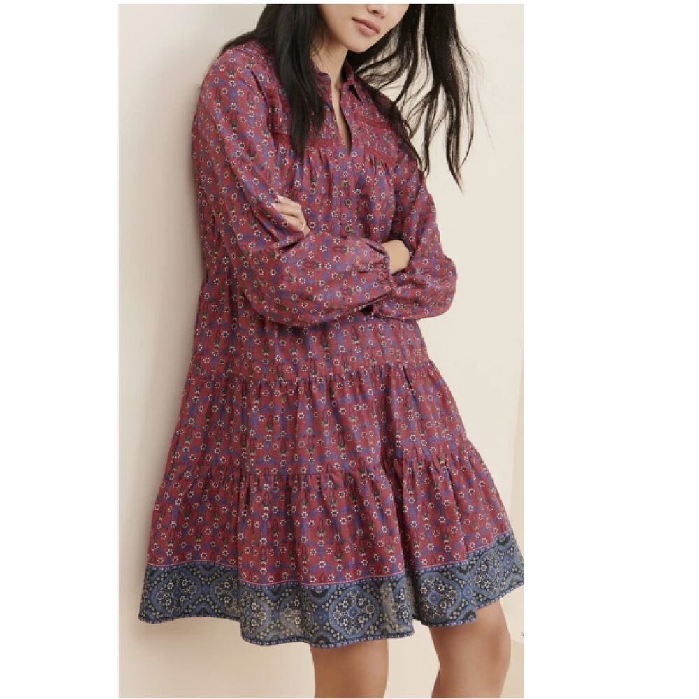 ANTHROPOLOGIE Floral Tiered Pintuck Tunic Dress Medium Boho Burgundy Swingy